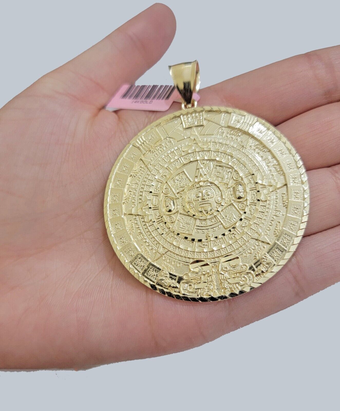 SOLID Real 14kt Yellow Gold Pendant Aztec Mayan Calendar 2.5" Men's Round Charm