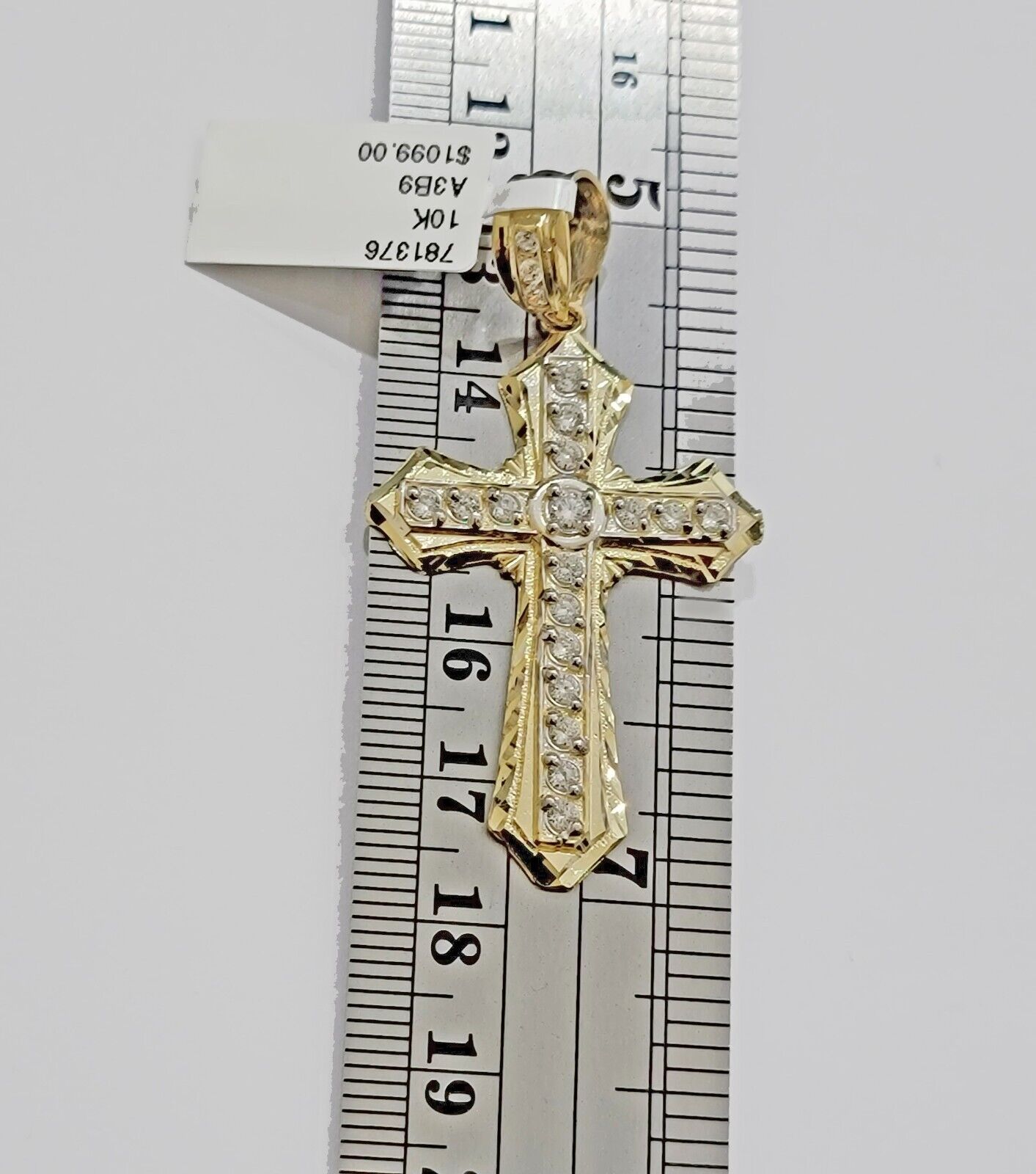 10k Yellow Gold Cross Charm pendant 2" Inch With Cubic Zirconia For Sale